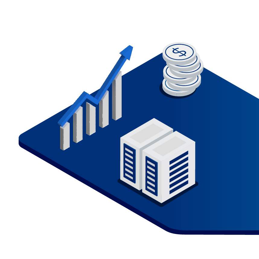 Servers, an upward trending graph and coins symbolize optimized performance and cost-efficiency for AI solutions.