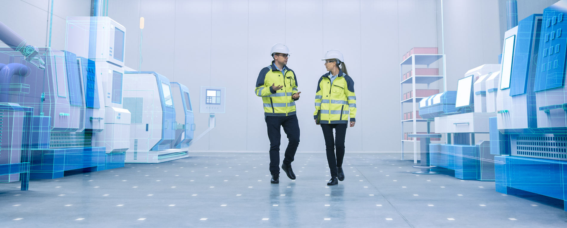 Colleagues walk through a future-of-work office and leverage the power of IoT.