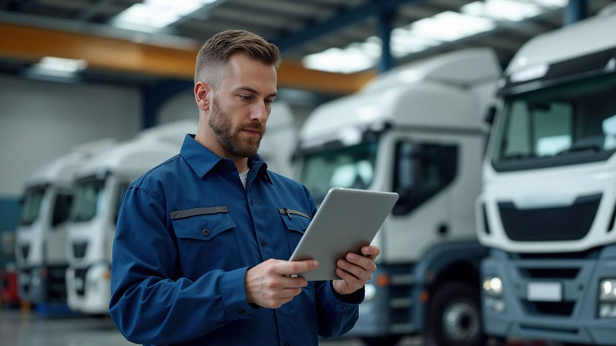 Fleet manager using high-bandwidth LTE connectivity on a tablet to track commercial vehicles.