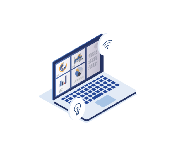 A laptop with analytical reports with Wi-Fi and bulb icons